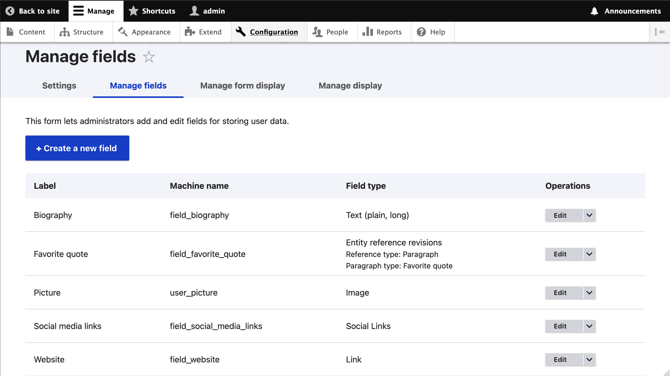 Manage Form Display page